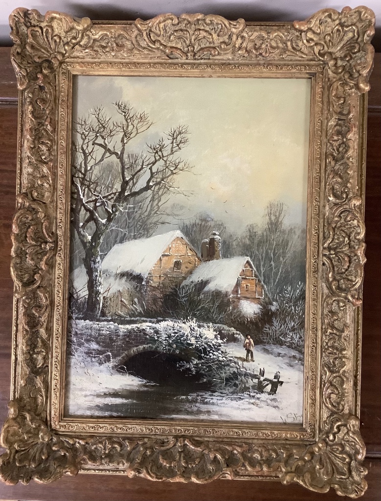 W. Stone, oil on canvas board, Cottages in winter, signed, 35 x 24cm